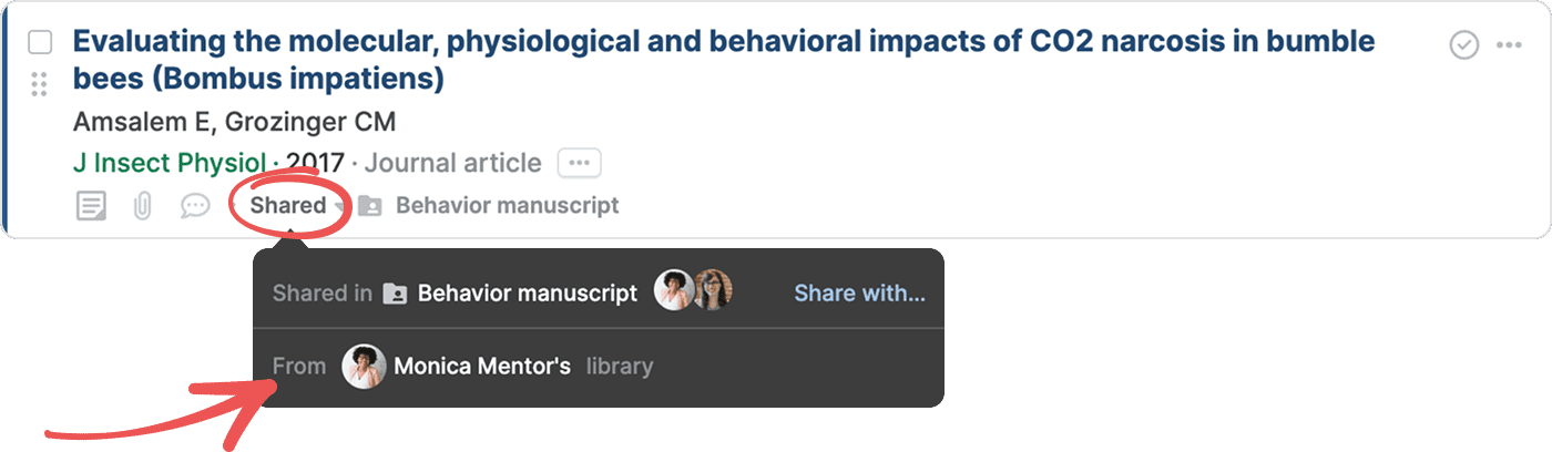 A reference with the circled Shared button open, showing “Shared in Behavior manuscript” and an arrow pointing to “From Monica Mentor’s library” with no ownership options — independent copy mode in a shared folder.